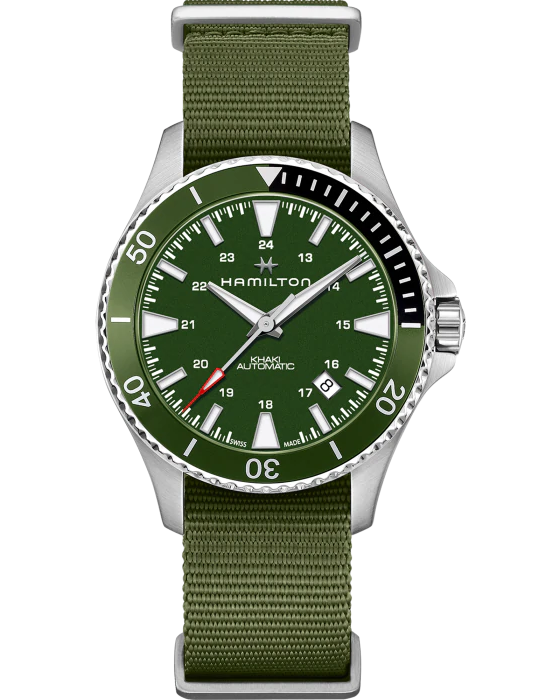 Hamilton Hamilton Khaki Navy Scuba Auto H82375961  H82375961 механические мужские часы зеленый циферблат, браслет тканевый — вид спереди